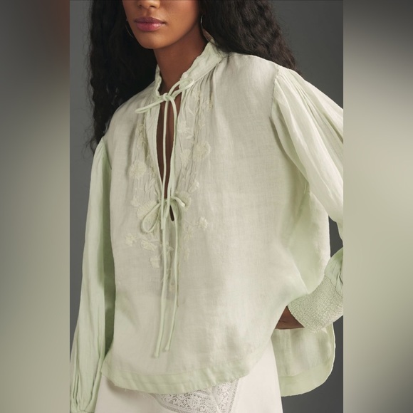 By Anthropologie Linen Long-Sleeve Blouse Mint NWT Size Large Petite - Picture 2 of 9